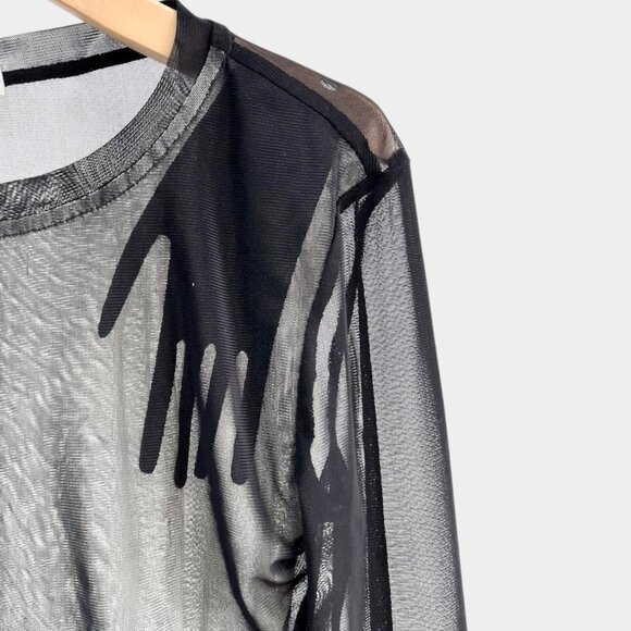 Women's Transparent Mesh Top Black Size M Stretch Decorated Hand Long Sleeves - Picture 4 of 9